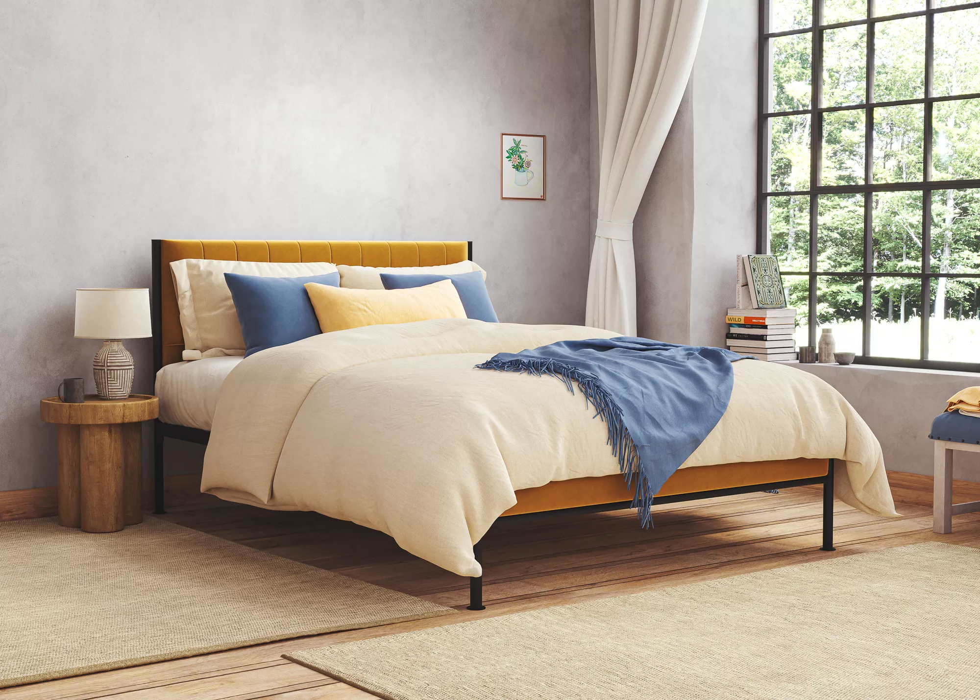 cream upholstered bed